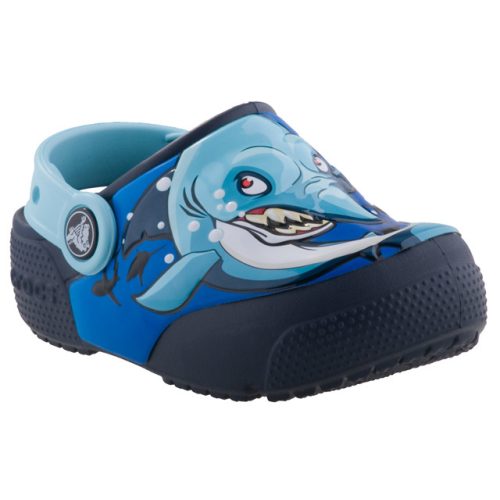 CROCS FUNLAB SHARK LIGHTS világoskék-kék világító szemű cápa papucs