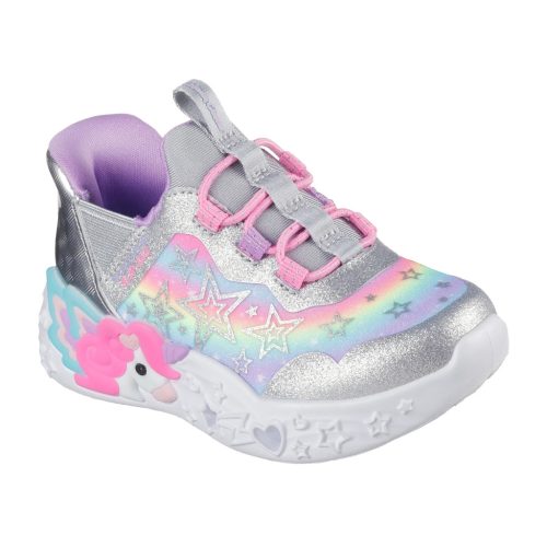 Skechers ezüst-lila unikornisos szivárványos ledes világítós gumifűzős kislány cipő