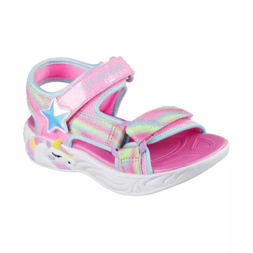 Skechers Dreamy unicorns pink-színes csillogós unikornisos tépőzáras ledes világítós textil kislány gyermekszandál (303107L-PKMT)