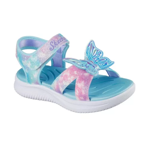 Skechers Butterfly brites kék-multi színes pillangós 1 tépőzáras ledes világítós szintetikus-textil kislány gyermekszandál (303109L/AQMT)