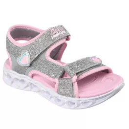   Skechers Sugar sparks ezüst-pink csillámos szívecskés tépőzáras ledes világítós textil kislány gyermekszandál (303114N/SLPK)
