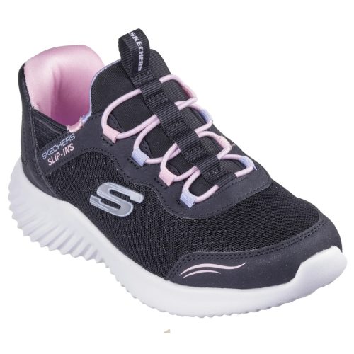Skechers fekete-rózsaszín csillámos gumifűzős mosógépben mosható kislány cipő