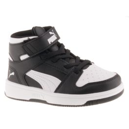 Puma Rebound Layup fekete-fehér tépőzáras-gumifűzős magasszárú fiú sportcipő   Puma Rebound Layup fekete-fehér tépőzáras-gumifűzős magasszárú fiú sportcipő