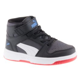 Puma Rebound Layup fekete-fehér-kék tépőzáras-gumifűzős magasszárú fiú sportcipő   Puma Rebound Layup fekete-fehér-kék tépőzáras-gumifűzős magasszárú fiú sportcipő