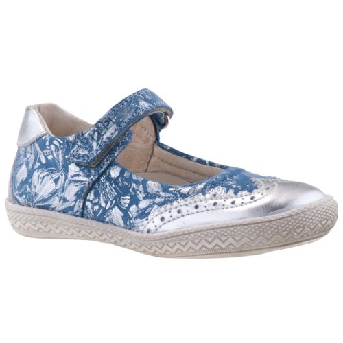 LEPI kék-ezüst METÁL Virágos tépőzáras bőr balerina cipő