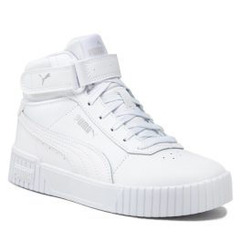 Puma Carina 2.0 Mid fehér színű ezüst Puma felirattal tépőzáras-fűzős magasszárú platformos női cipő   Puma Carina 2.0 Mid fehér színű ezüst Puma felirattal tépőzáras-fűzős magasszárú platformos női cipő