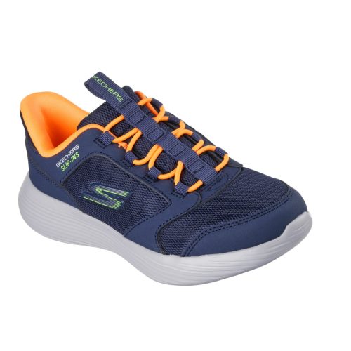 Skechers sötétkék-narancssárga gumifűzős mosógépben mosható kisfiú cipő