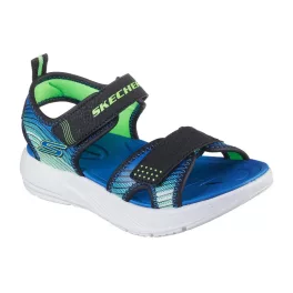   Skechers Microspec-Splash kék-fekete-zöld tépőzáras mosógépben mosható textil kisfiú gyermekszandál (407034N/BKLM)