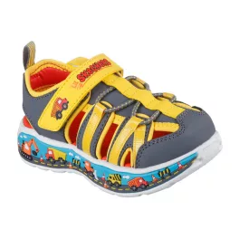   Skechers Play Scene Splash munkaképes-autós szürke-sárga tépőzáras-gumifűzős szintetikus-textil zárt orrú kisfiú gyermekszandál (407041N/CCYL)