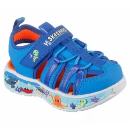   Skechers Play Scene Splash kék tengeri állatkás tépőzáras-gumifűzős szintetikus-textil zárt orrú kisfiú gyermekszandál (407041N/LTBL)