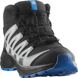Salomon XA Pro V8 MID WP J fekete-szürke-kék összehúzós magasszárú vízálló terep sportcipő   Salomon XA Pro V8 MID WP J fekete-szürke-kék összehúzós magasszárú vízálló terep sportcipő